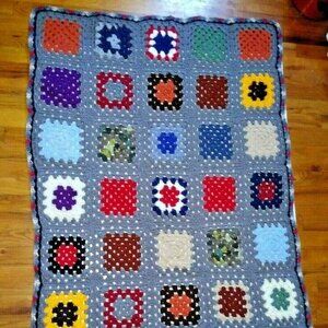 Vintage Handmade Multicolored Granny Square Afghan